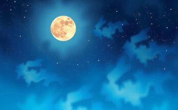 A starry night sky filled with a full moon and shimmering constellations, representing cosmic changes and reflections.
