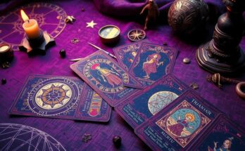Tarot cards laid out on a mystical surface with astrological symbols and a contemplative atmosphere.