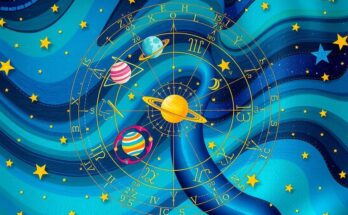 A colorful astrological chart featuring signs of the zodiac, stars, and planets, conveying celestial energies.