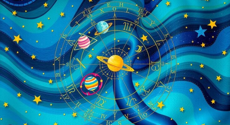 A colorful astrological chart featuring signs of the zodiac, stars, and planets, conveying celestial energies.