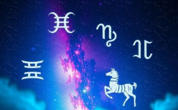 Astrological symbols for five zodiac signs on a vibrant cosmic background, illustrating empowerment and connection.