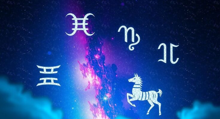 Astrological symbols for five zodiac signs on a vibrant cosmic background, illustrating empowerment and connection.