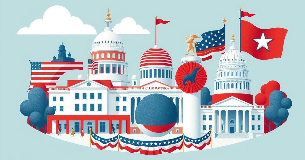 Visual summary of political changes during Trump's presidency and executive actions in a vibrant setting.
