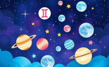 Colorful cosmic illustration with zodiac signs and planets against a starry background, symbolizing love and relationships.