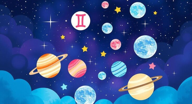 Colorful cosmic illustration with zodiac signs and planets against a starry background, symbolizing love and relationships.