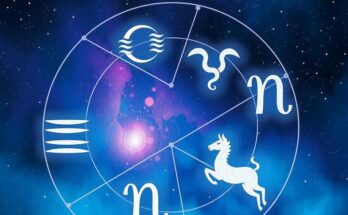 Zodiac symbols with celestial background representing love horoscopes and communication themes in astrology.