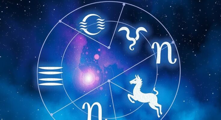 Zodiac symbols with celestial background representing love horoscopes and communication themes in astrology.