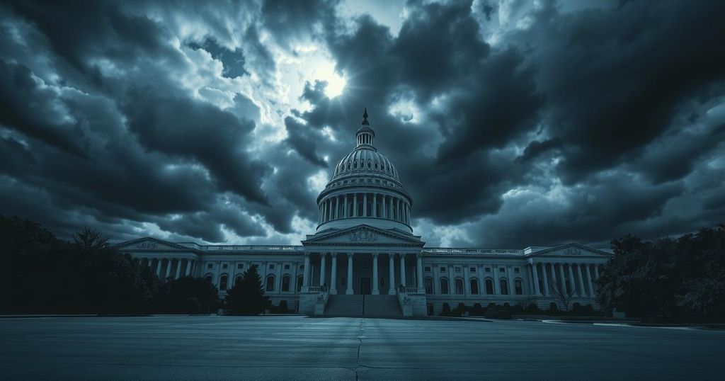 Dramatic representation of political power and governance themes with symbolic imagery of a towering building and dark skies.