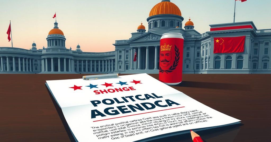 Strong political agenda document with buildings and national symbols in a color palette of red, blue, and white.