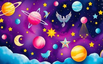 A cosmic background with colorful zodiac symbols and celestial elements representing astrology and horoscopes.