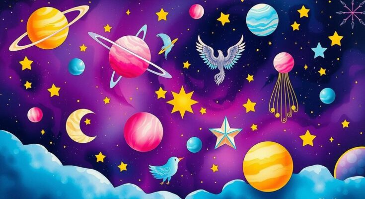 A cosmic background with colorful zodiac symbols and celestial elements representing astrology and horoscopes.