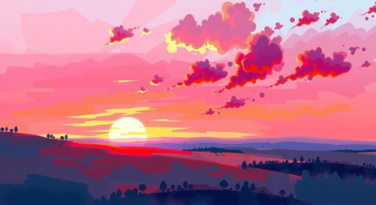Celestial scene with vibrant sunrise and sunset colors blending over a tranquil horizon, symbolizing cosmic awakening.
