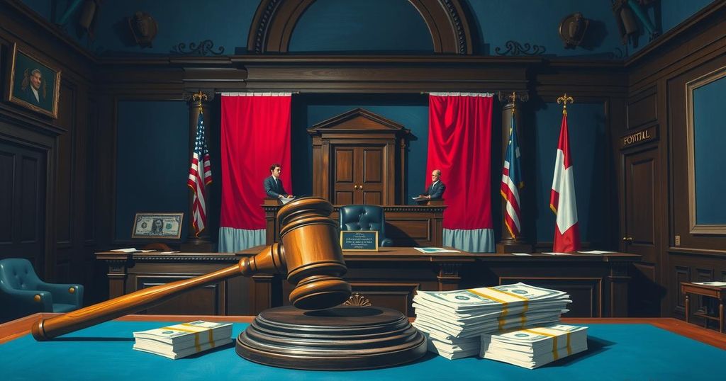 Political debate over budget and tax cuts with symbolic elements like a gavel, dollar signs, and flags in a formal setting.