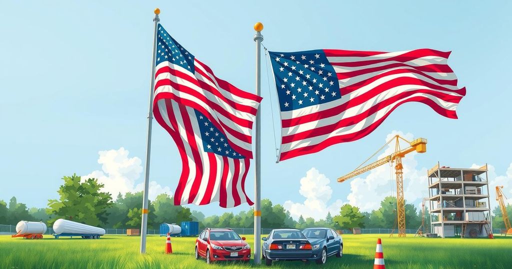 A pair of massive American flags on tall flagpoles in a bright setting, symbolizing national pride.