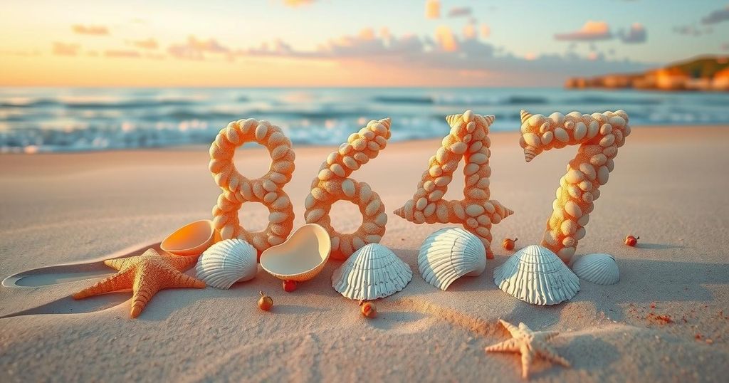 Seashells on a beach forming the numbers 8647, set in a calm, serene coastal landscape during golden hour.