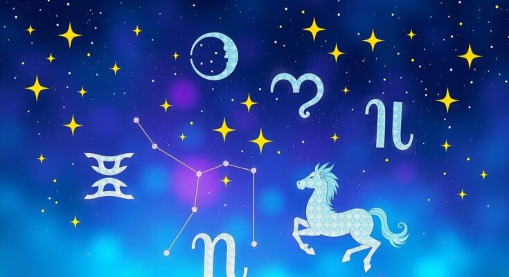 Zodiac signs illustrated with stars and vibrant colors, symbolizing romance and communication in astrology.