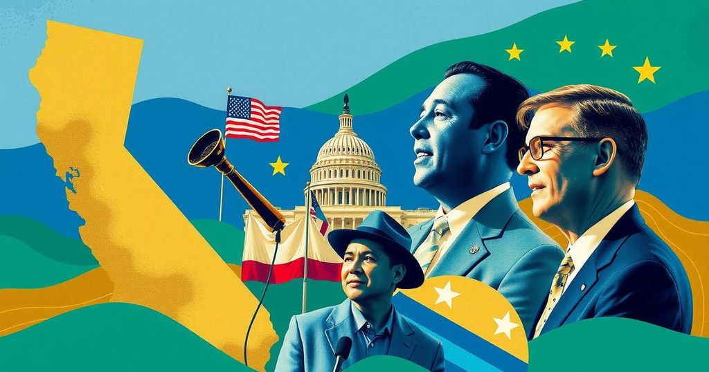 Californian political landscape with a focus on leadership, featuring vibrant colors and modern artistic style.