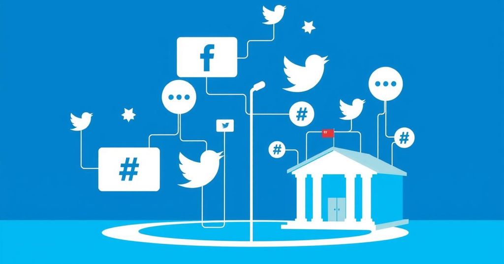 Digital landscape representation of social media's influence on politics with icons and symbols of hashtags and posts.