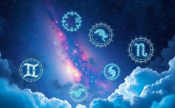 An astrological scene with vibrant starry skies and zodiac symbols, illustrating cosmic energy and connection.