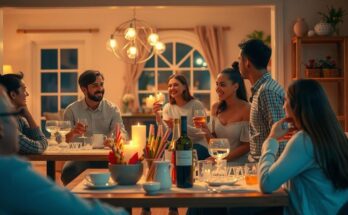 Cozy scene of gathering with loved ones, featuring a warm atmosphere adorned with soft lights and colorful decorations.