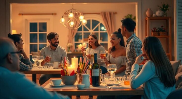Cozy scene of gathering with loved ones, featuring a warm atmosphere adorned with soft lights and colorful decorations.