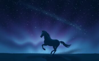 A mystical nighttime sky with twinkling stars, a silhouette of a lone horse running, emphasizing mystery and success.