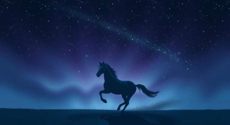 A mystical nighttime sky with twinkling stars, a silhouette of a lone horse running, emphasizing mystery and success.