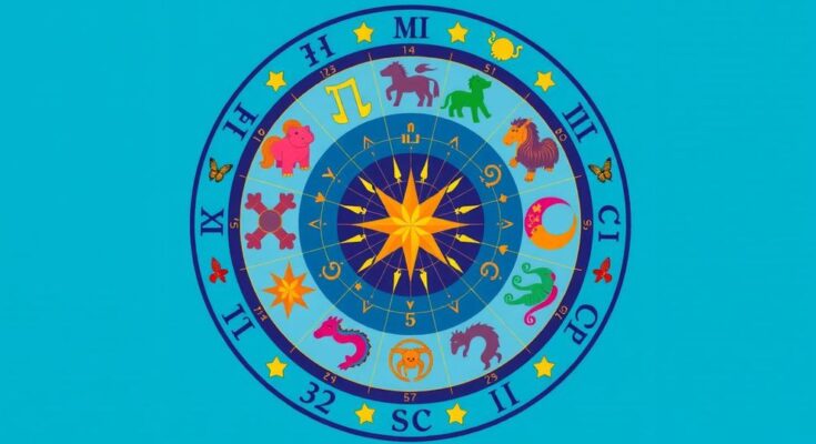 A colorful zodiac wheel representing daily horoscopes with astrological symbols and signs.