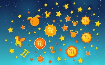 Colorful zodiac signs with astrology symbols against a celestial background, reflecting a playful and vibrant style.