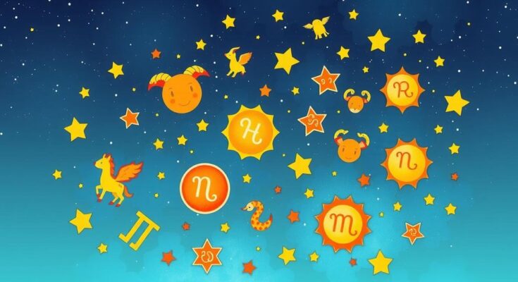 Colorful zodiac signs with astrology symbols against a celestial background, reflecting a playful and vibrant style.