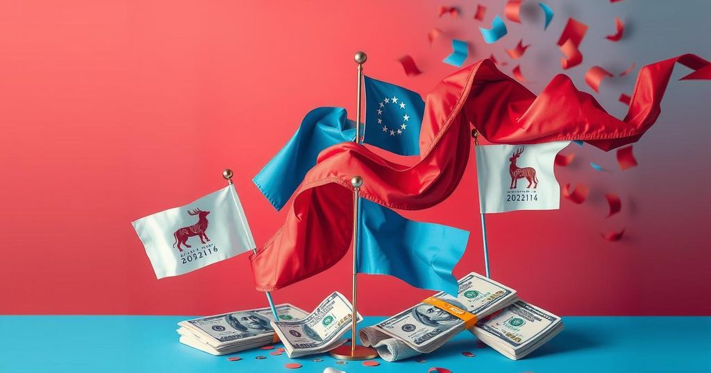 Энергия политических выборов с концептуальными флажками и купюрами, цветовая палитра - красный и синий.