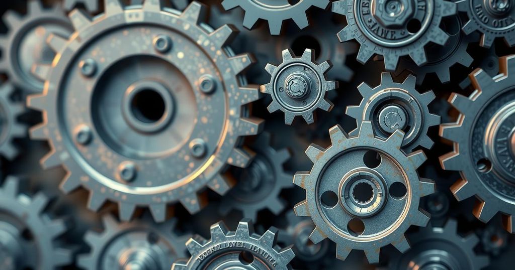 An abstract representation of federal workforce changes with gears symbolizing new hiring practices and loyalty.