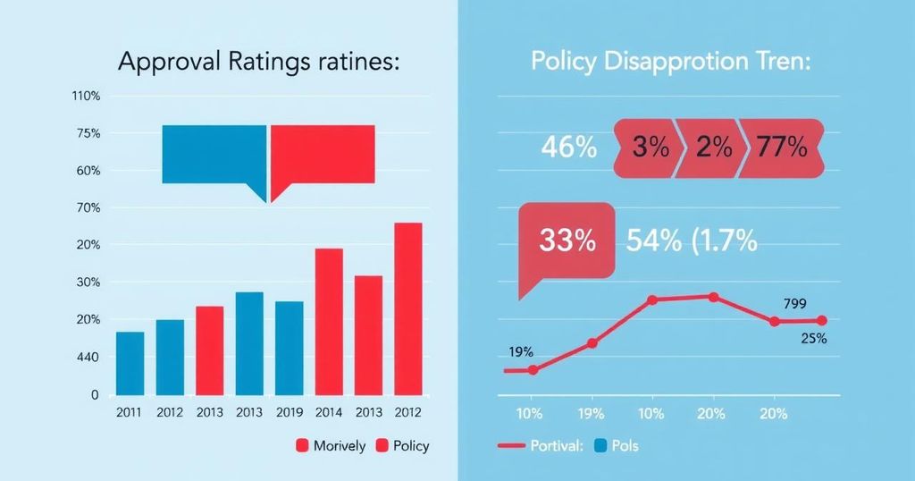A graph depicting approval ratings and policy disapproval trends, featuring contrasting blue and red colors.