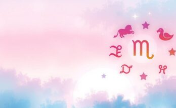 Celestial scene depicting zodiac signs with a rising sun, symbolizing growth and transformation in a calming pastel palette.