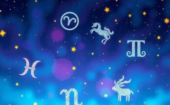 A celestial landscape showcasing zodiac symbols and twinkling stars in vibrant blues and purples.