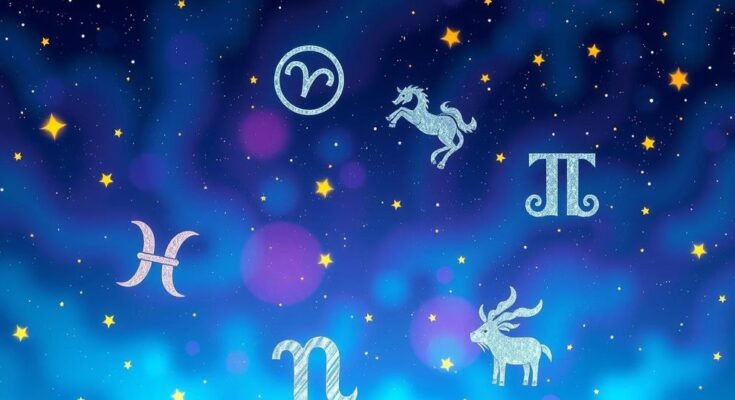 A celestial landscape showcasing zodiac symbols and twinkling stars in vibrant blues and purples.