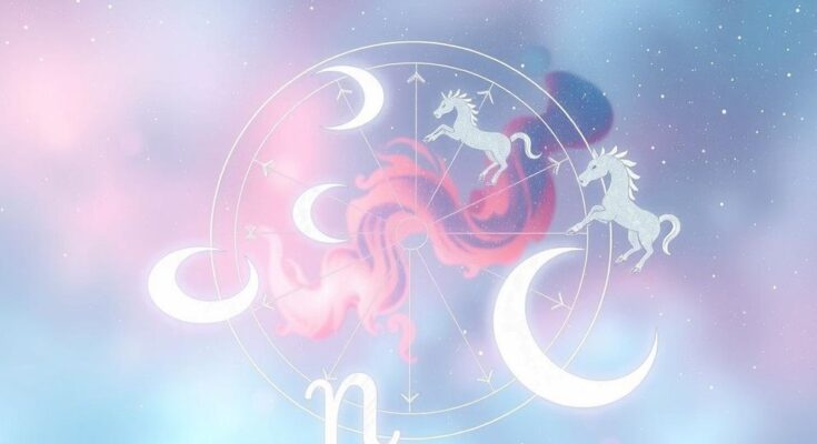 A serene cosmic scene illustrating zodiac signs, constellations, and celestial bodies in soft pastels.