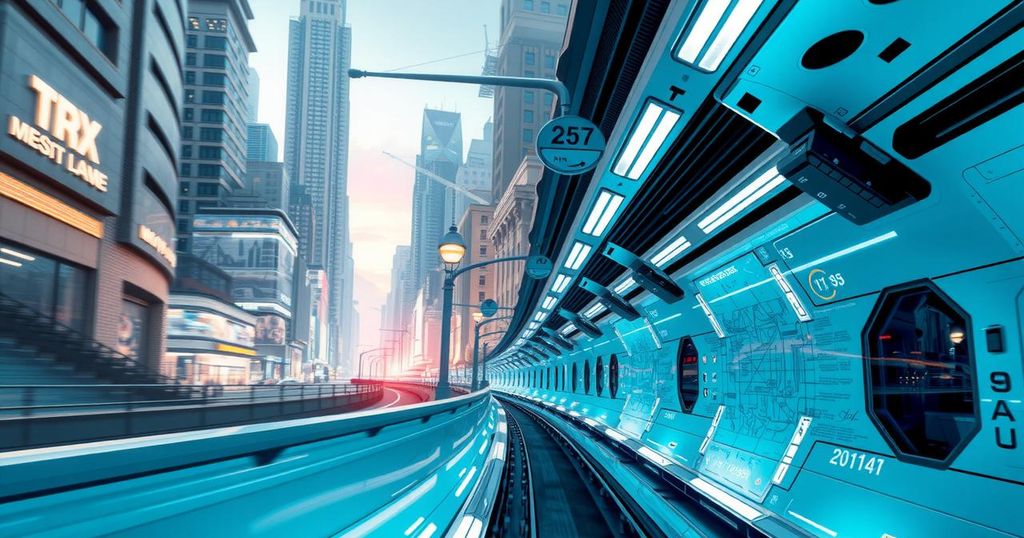 A dynamic cityscape showcasing futuristic transport systems with underground tunnels and advanced technology elements.