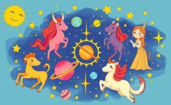 Artistic representation of zodiac signs in joyful colors, illustrating a cheerful horoscope theme with stars and celestial elements.