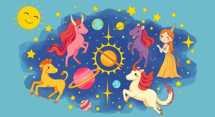 Artistic representation of zodiac signs in joyful colors, illustrating a cheerful horoscope theme with stars and celestial elements.