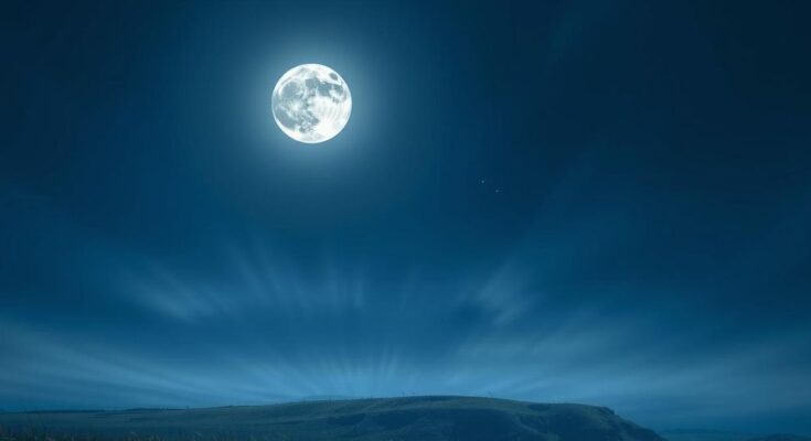 A serene night sky featuring a waxing gibbous moon in Virgo with calm blue and silver hues, symbolizing self-reflection.