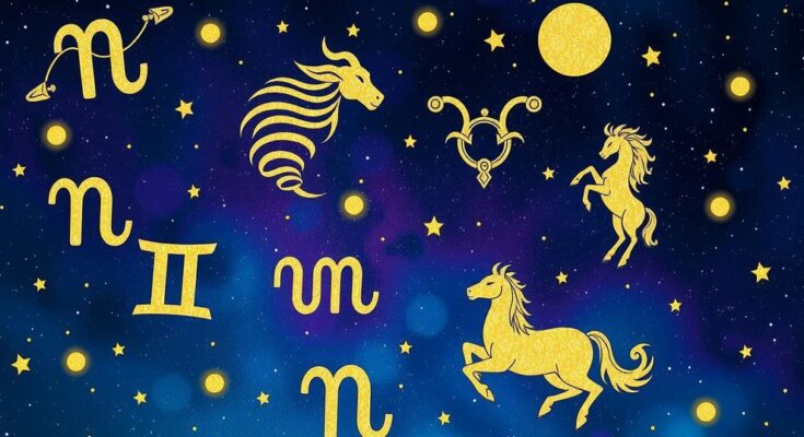 Illustration of zodiac signs with stars and cosmic background representing daily horoscopes and astrology.