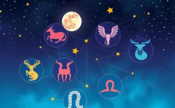 A colorful astrology-themed illustration depicting zodiac signs, planets, and the moon in an artistic style.