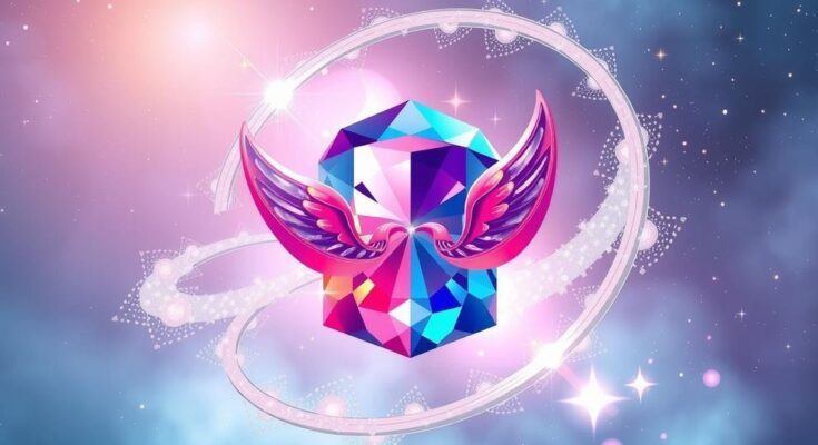 A vibrant gemstone signifying Gemini, surrounded by twinkling stars and cosmic swirls in a pastel color palette.