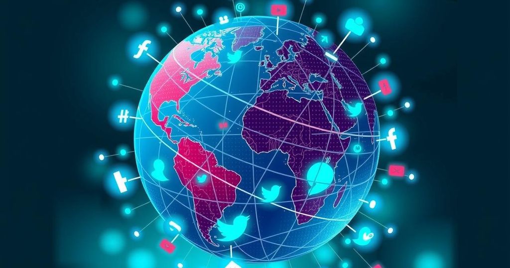 A conceptual artwork showing a globe intertwined with social media symbols, emphasizing political influence and connection.