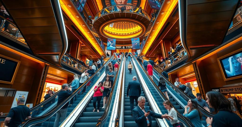 Golden escalator in Trump Tower with tourists exploring shops and nostalgia, symbolizing a political milestone.