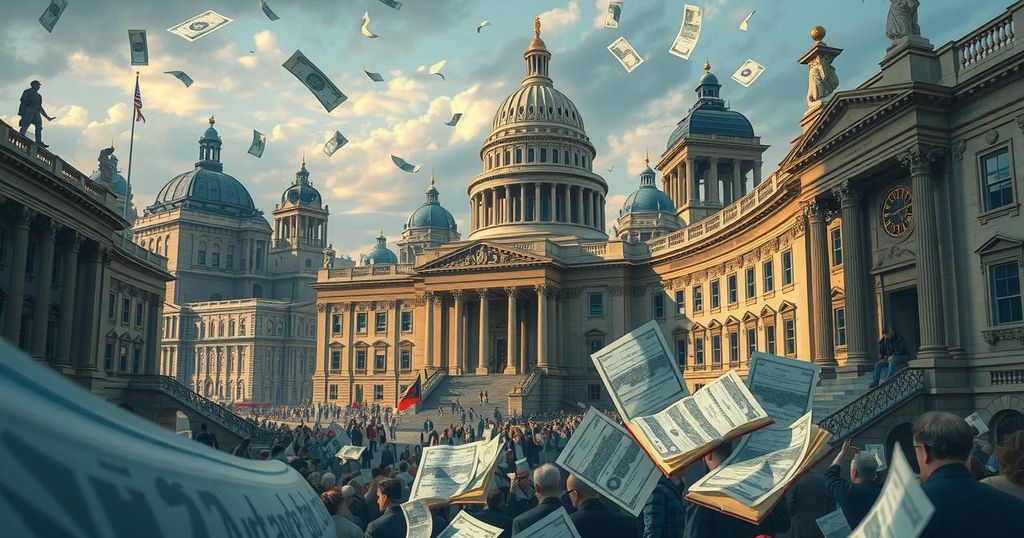 A vibrant political scene representing Congress in session, with active discussions and budget proposals