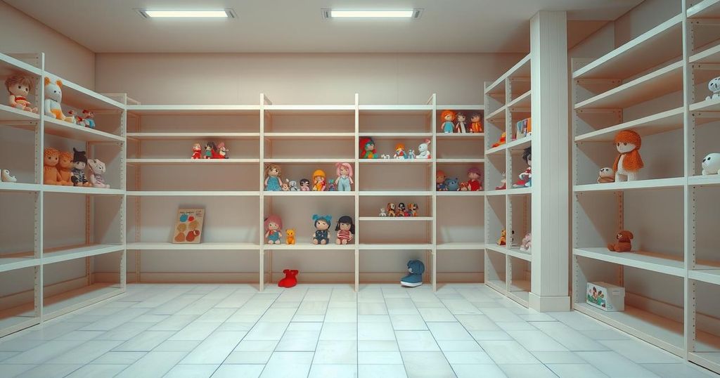 Illustration of a sparse toy store with a few dolls on shelves, highlighting trade impacts.