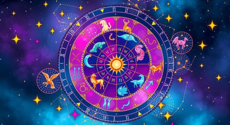 A colorful zodiac wheel with stars and constellations representing astrological signs and horoscope guidance.