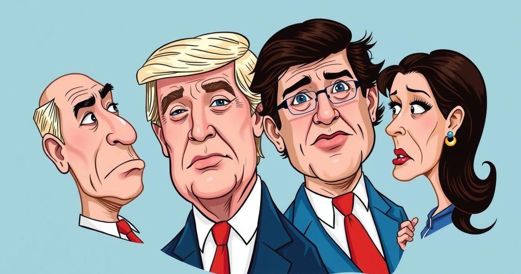 Политическая карикатура, символизирующая одобрение и неодобрение на фоне флага.